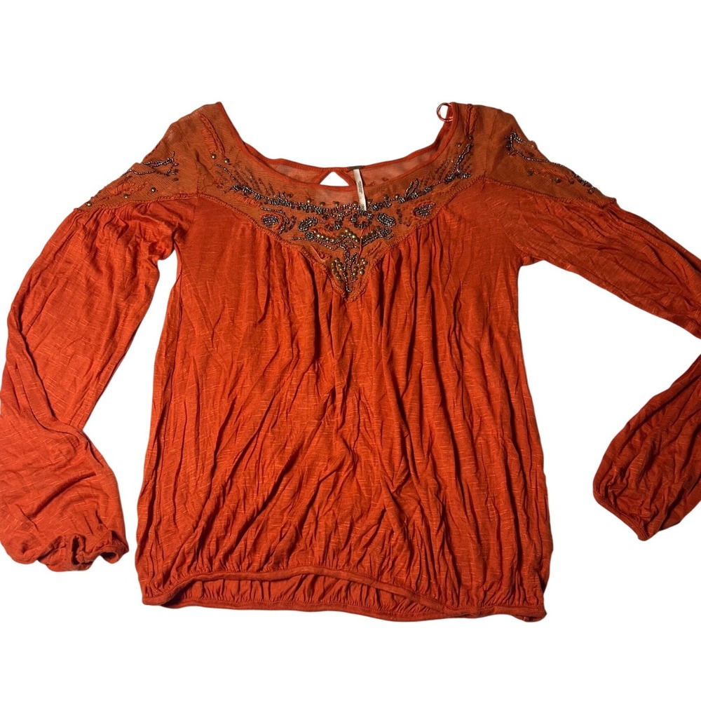 Free People Burnt Orange Beaded‎ Mesh Yoke Long Sleeve Blouse Small Boho Rust